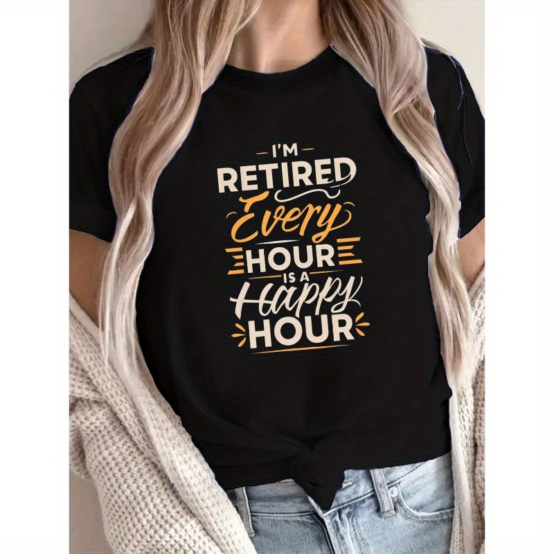 

Retired Print Crew Neck T-shirt, Casual Short Sleeve Top For Spring & Summer, Women's Clothing