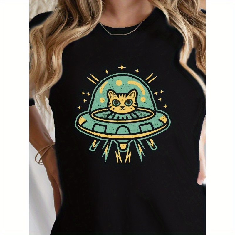 

Alien Cat Print Crew Neck T-shirt, Casual Short Sleeve Top For Spring & Summer, Women's Clothing
