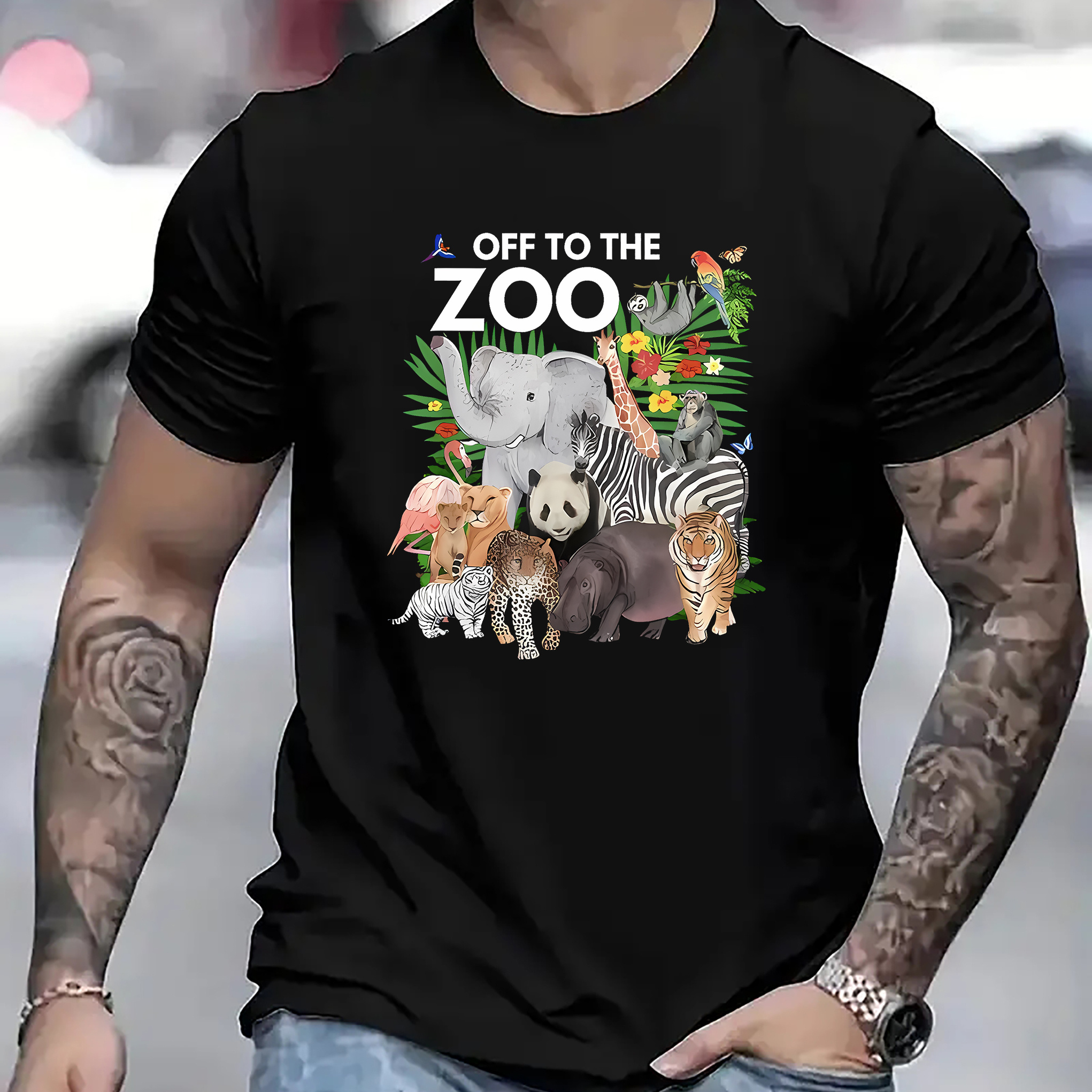 

Men's Animal Zoo Graphic Print T-shirt, Casual Short Sleeve Slight Stretch Crew Neck Tees For Summer