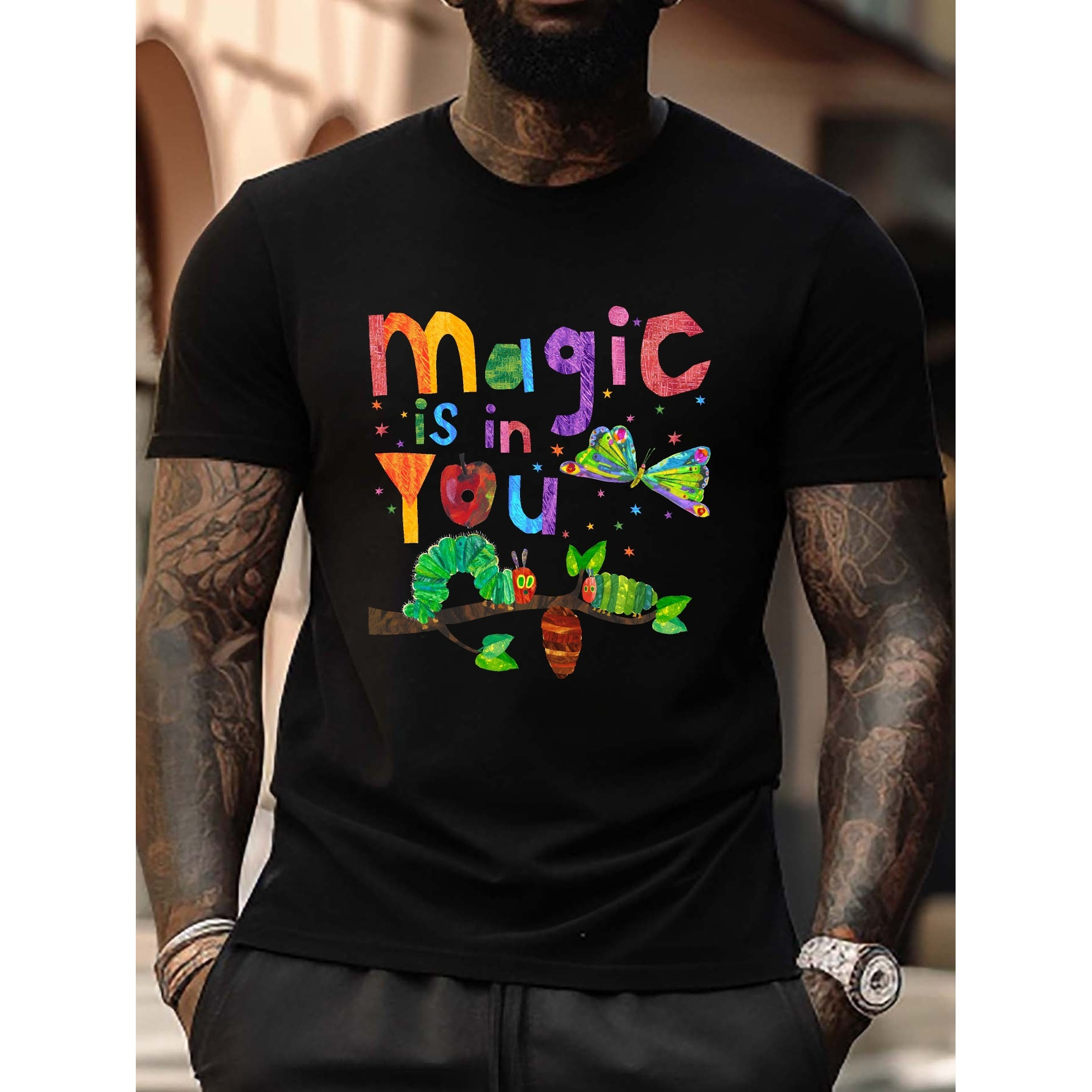 

Butterfly And Caterpillar Pattern And "magic Is In You" Letter Print Crew Neck And Short Sleeve T-shirt, Chic And Trendy Pure Cotton Tops For Men's Summer Daily Wear