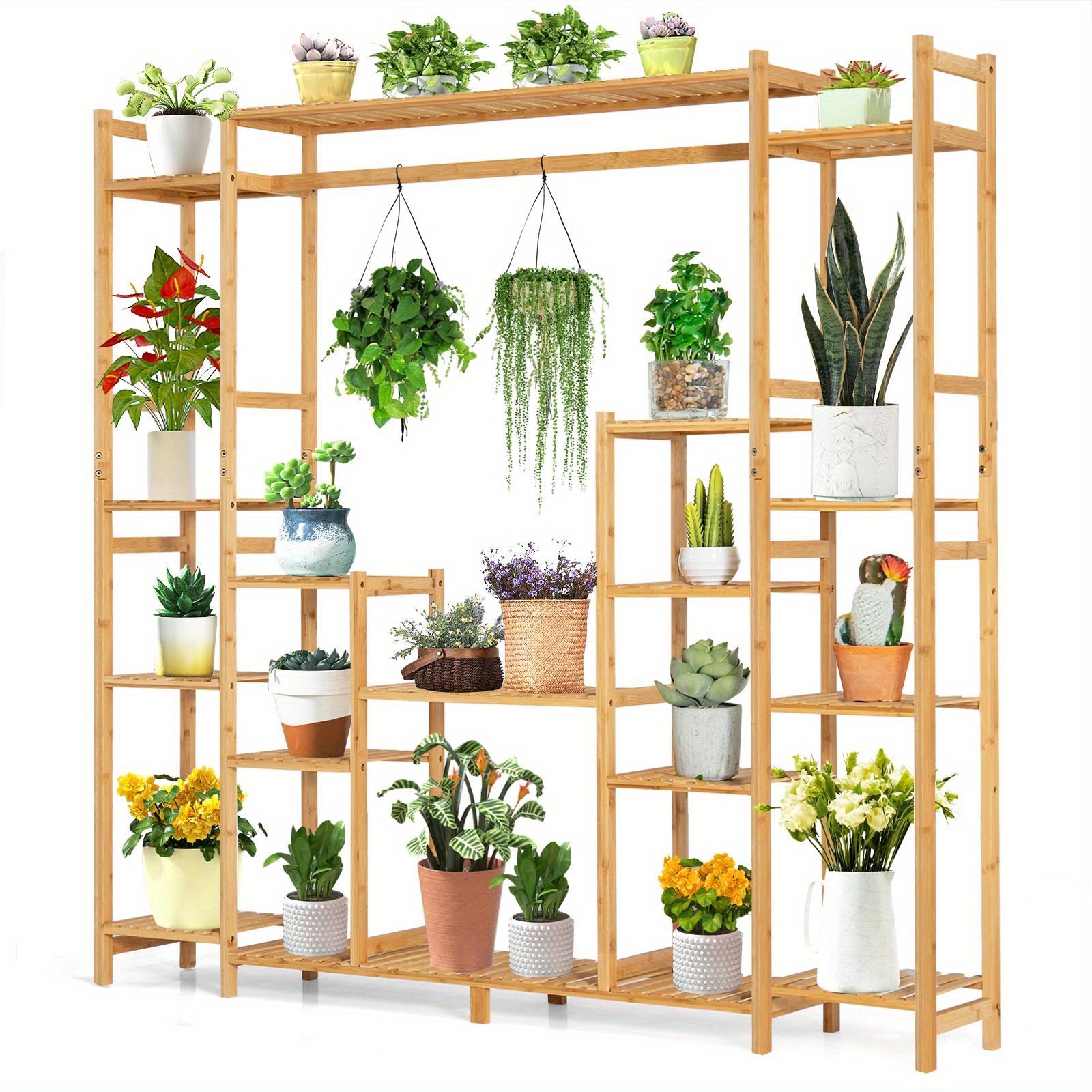 

Multigot 9-tier Bamboo Plant Stand Potted Holder W/hanging Rack Tall Display Shelf Unit