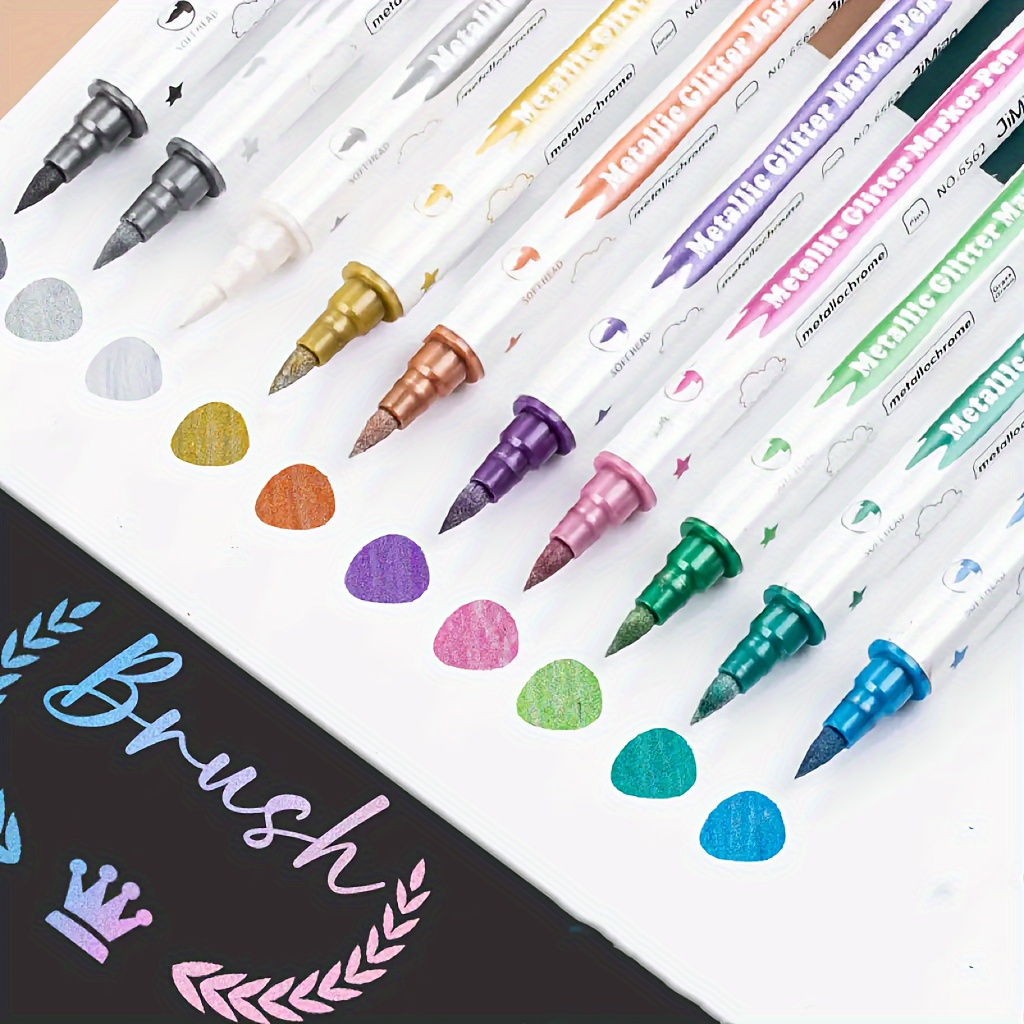 

creative Sparkle" 10-piece Dual Tip Metallic Glitter Markers - Fine & Brush Tips For Diy Albums, Scrapbooking, Crafts On Ceramic, Stone, Glass