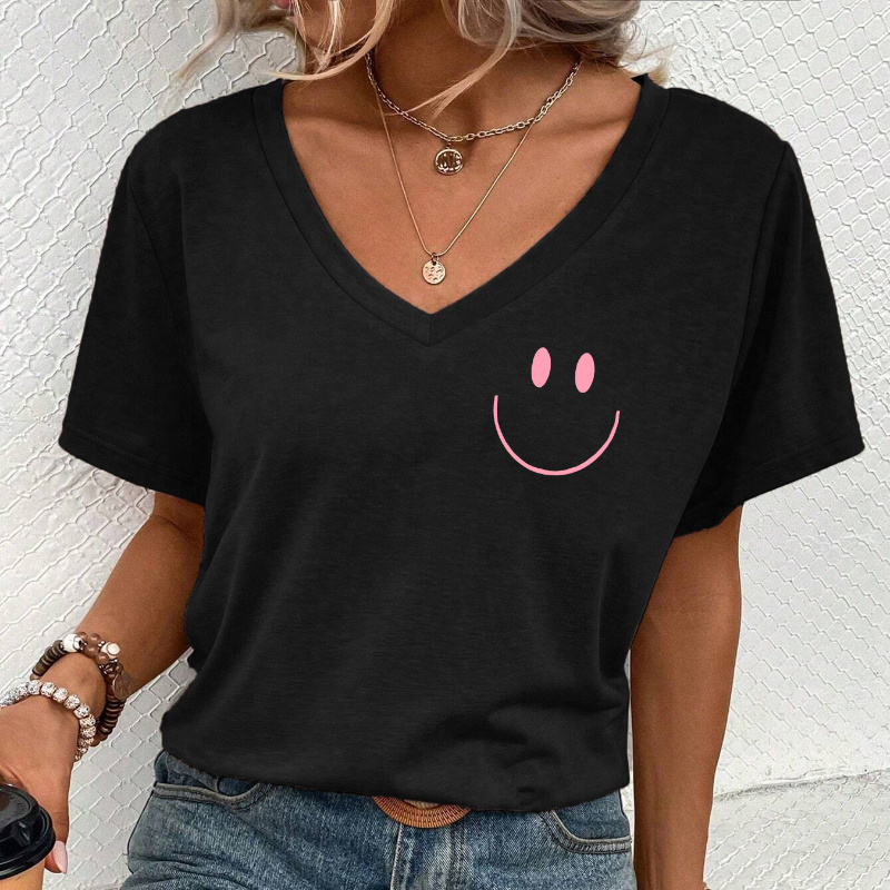 

Women's Breathable T-shirt - Chic Summer Cute Smiling Face Print Casual V-neck Short Sleeve Top Easy Care Blouse