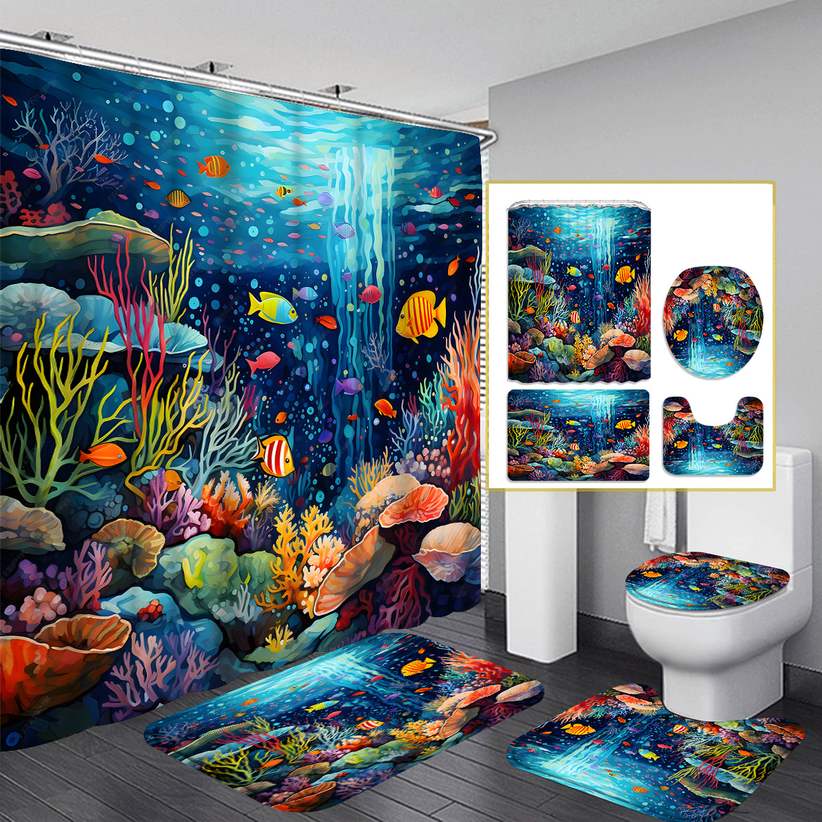 

1pcs/4pcs Rich Underwater World Shower Curtain Gift Modern Home Bathroom Decoration Curtain And Toilet Floor Mat 3-piece Set With 12 Shower Curtain Hooks