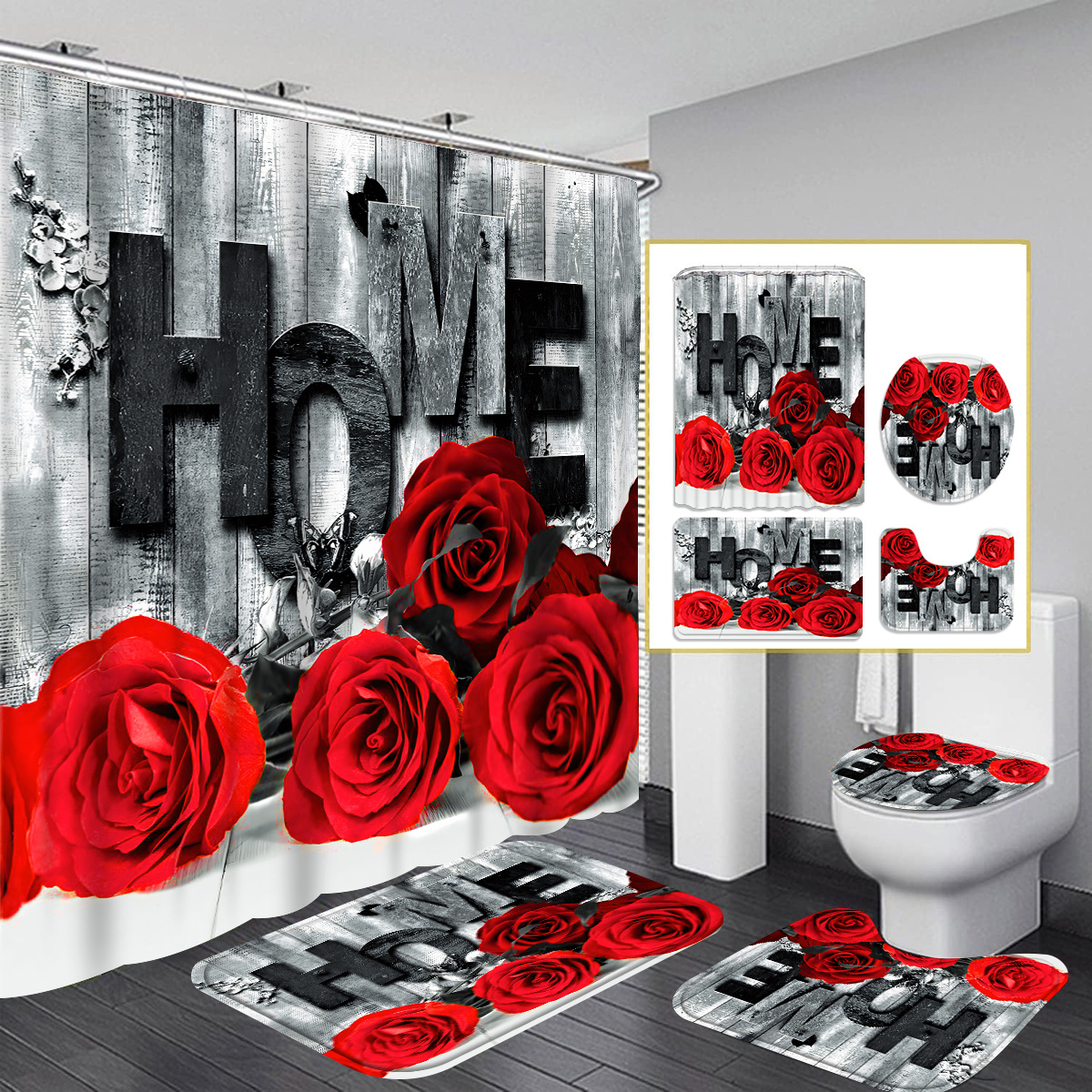 

1pc/4pcs Love Curtain Gift Bathroom Decoration Curtain And Toilet Floor Mat 3pcs Set With 12 Shower Curtain Hooks