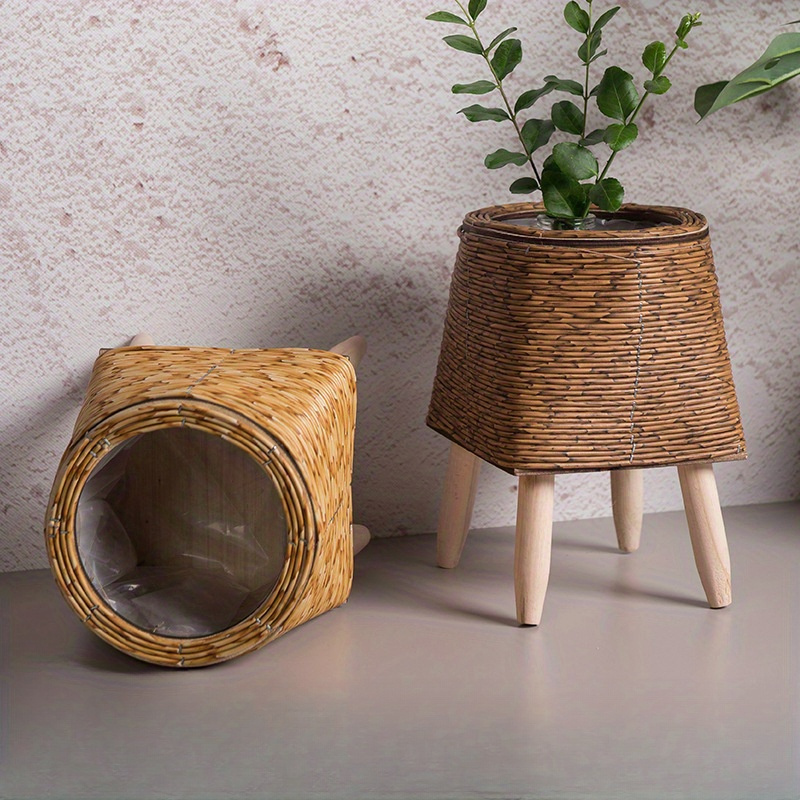

1pc Plastic Woven Planter With Stand, Triangular Bracket Succulent Holder, Creative Vine Pattern Desk Pot Rack For Indoor Plants