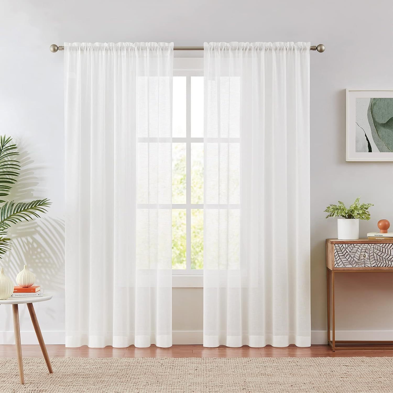 

2pcs White Linen Sheer Curtains For Bedroom, Living Room Natural Flax Textured Light Filtering Rod Pocket Burlap Sheer Voile Drapes