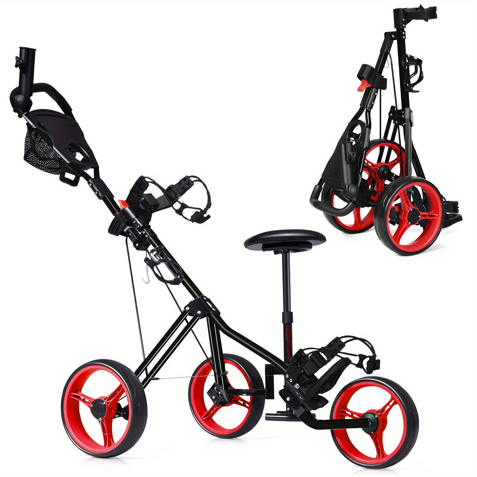 

Multigot Foldable 3 Wheel Push Pull Golf Club Cart Trolley W/seat Scoreboard Bag Red