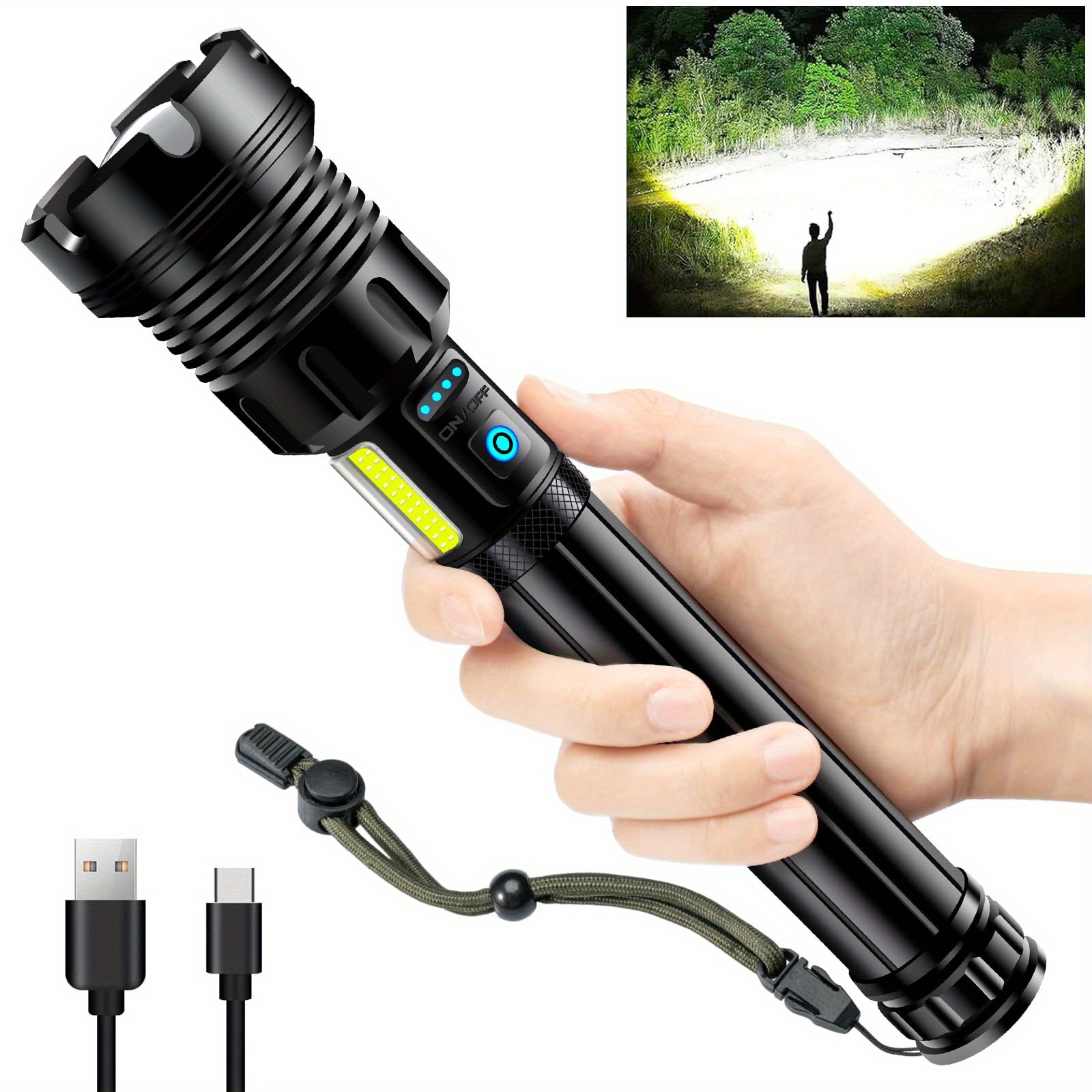 

Led Rechargeable Tactical Flashlights 90000 High Lumens, Xhp90 Brightest Flashlight With Cob Sidelight, Powerful Emergency Flashlight With Usb Output As Power Bank, Zoomable, 7mode