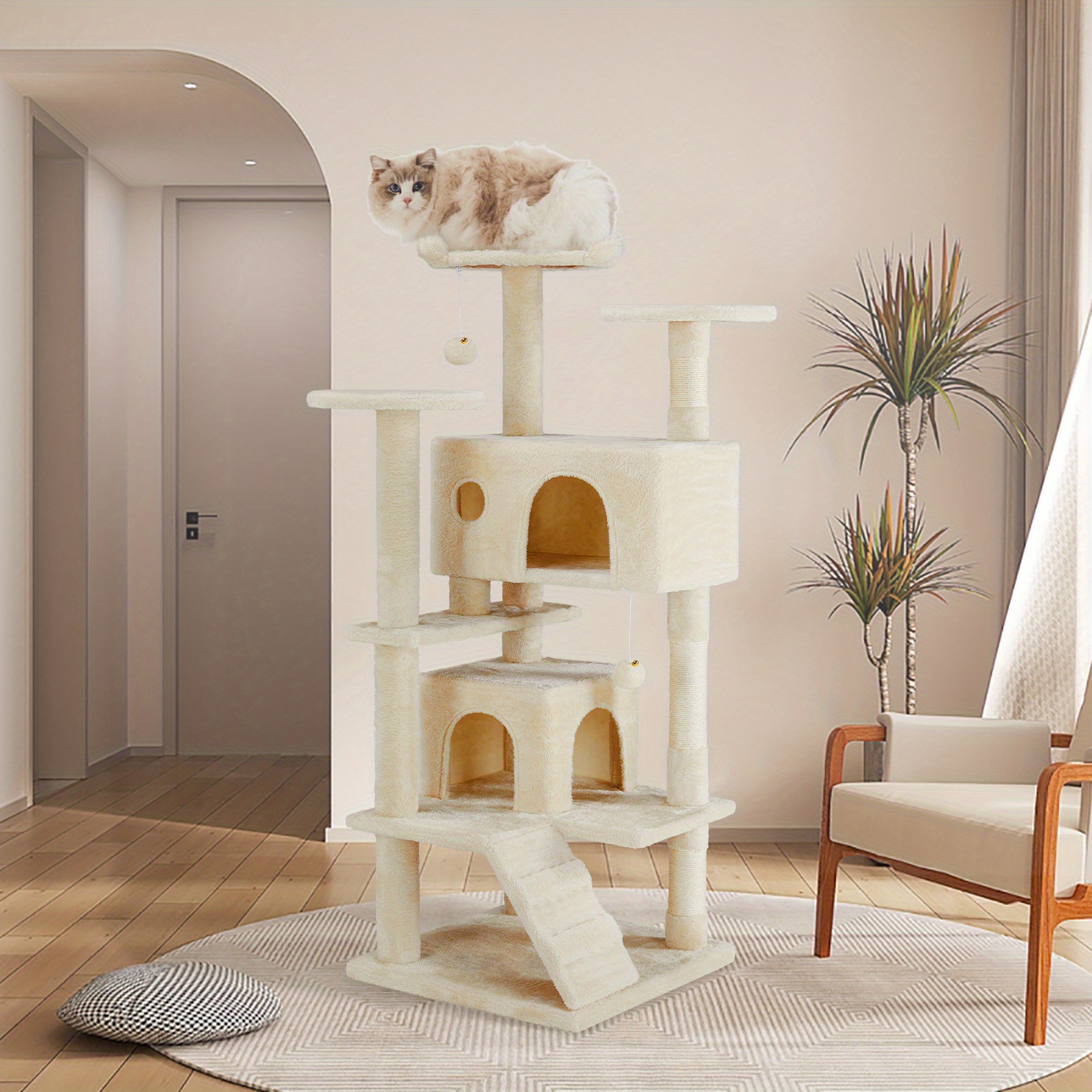 

Cat Tree Tower, Multi-level Cat Tree For Large Cats, Kitty, Pet House With 2 Condo, Scratching Post, Round Plate, Small Ladder, Cat Tree Toy For All Age Cats