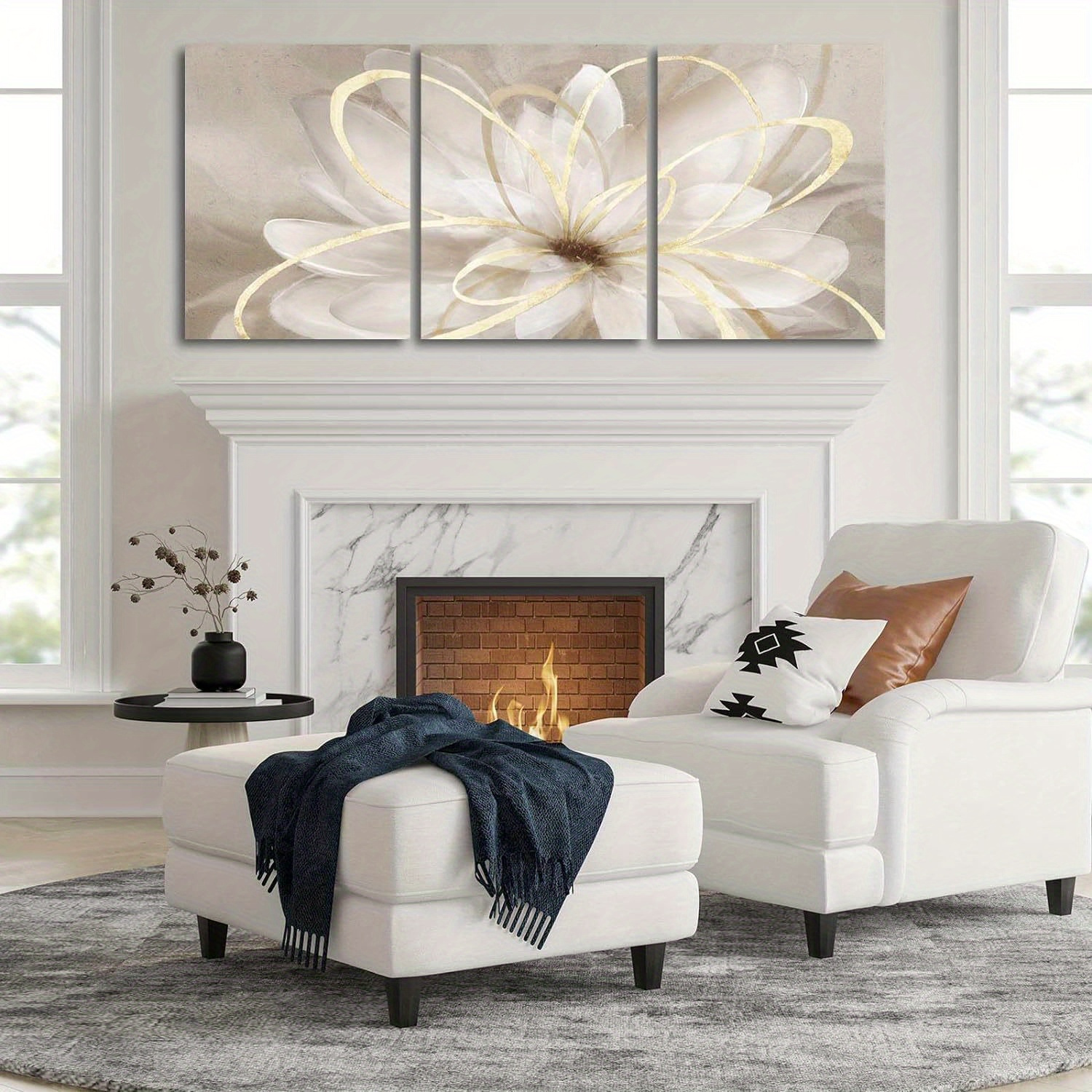 

Luxurious White Floral Canvas Trio: Maximalist Wall Decor With Golden Accents - Perfect For Living Room, Bedroom, And Home Decor (30"x20" X 3 Pieces)