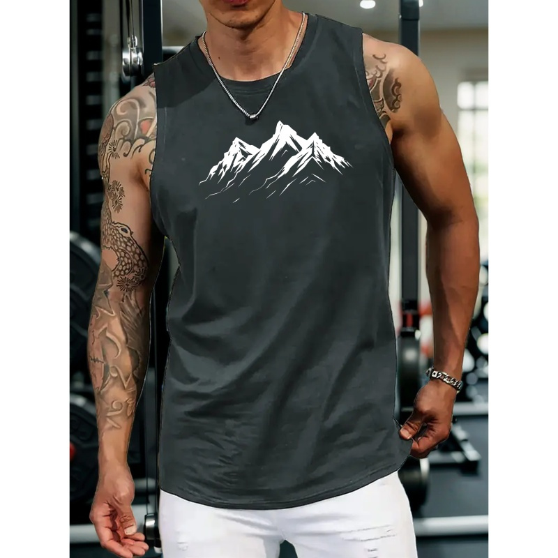 

Mountain Print Men's Quick Dry Moisture-wicking Breathable Tank Tops, Athletic Gym Bodybuilding Sports Sleeveless Shirts, Men's Vest For Workout Running Training Basketball Fitness