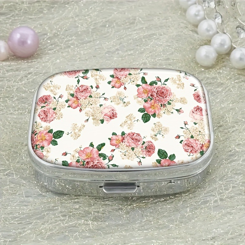 

1pc Vintage Floral Metal Pill Case - 2-compartment Medicine Organizer, Decorative Rectangle Box With Pink And Cream Flowers, Ideal For Purse & Travel Use, Pill Box For Purse