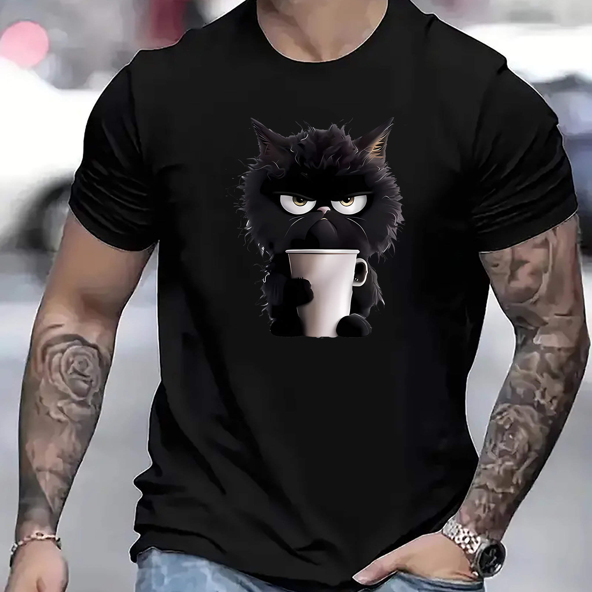 

Men's Annoyed Black Cat With Cup Cartoon Print T-shirt, Casual Short Sleeve Slight Stretch Crew Neck Tees For Summer