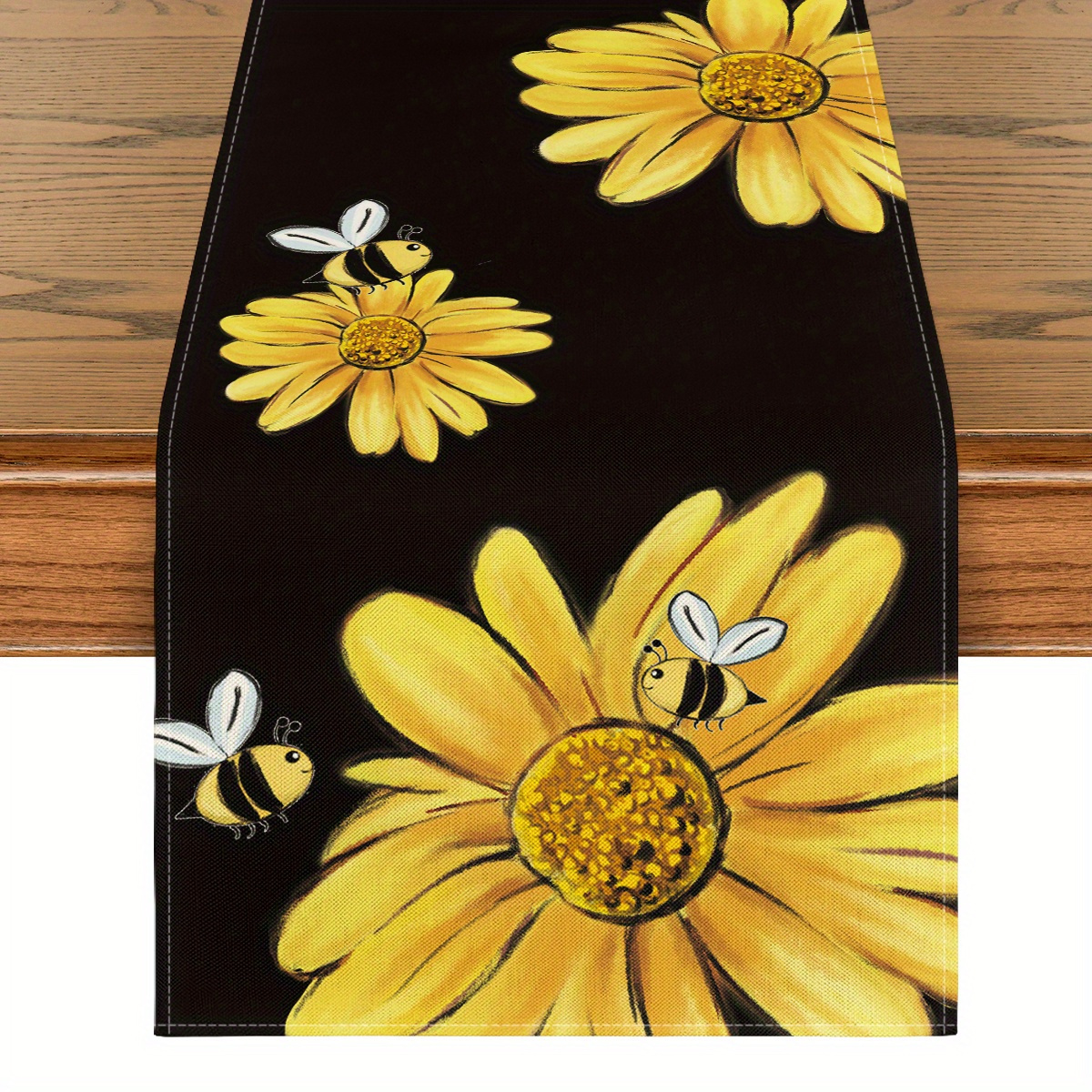 

Sm:)e 1pc Black Sunflower Bee Table Runner, Seasonal Spring Summer Flowers Holiday Kitchen Dining Table Decoration For Home Party Decor 13 X 72 Inch