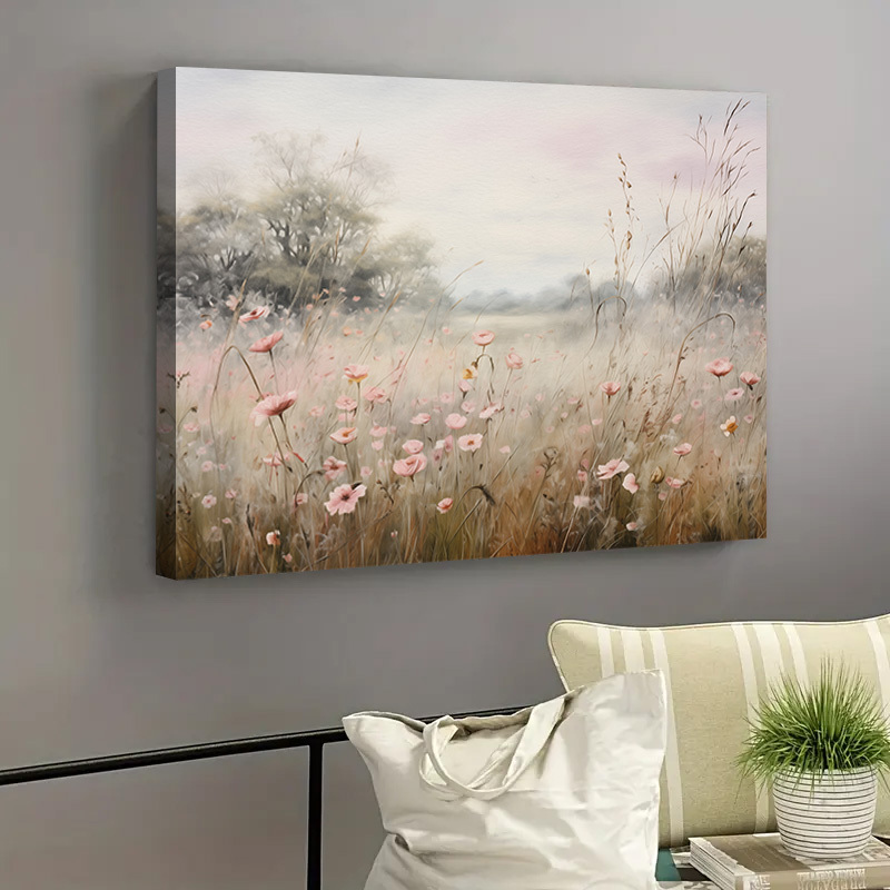 

1pc Framed Wildflower Field Canvas Painting Vintage Country Wall Art Meadow Landscape Canvas Poster Boho Abstract Minimalist Home Decoration Farmhouse Artwork For Living Room Bedroom