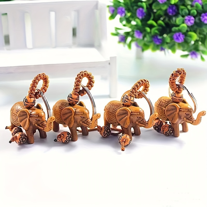 

4-piece Set Thai-style Wooden Elephant Keychains With Beaded Rope , Decorative Family Birthday Festival Gift, - Animal Keyring With Ring