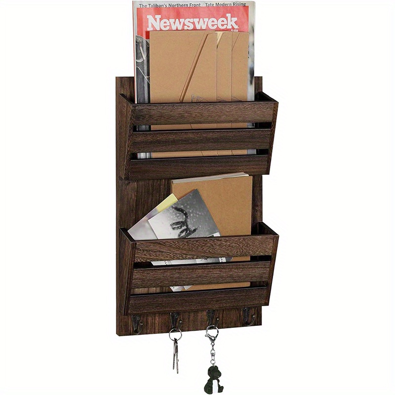 

Double Slot Shelf, Wall Mail Shelf, Wooden Mail Sorter With 4 Key Hooks, 2 Slot Wall Mounted Mail Sorter Letter Newspaper Magazine Organizer For Entrance Room Corridor Office Garage, Rustic Brown