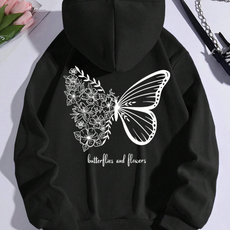 

Butterfly Print Kangaroo Pocket Hoodie, Casual Long Sleeve Drawstring Hoodies Sweatshirt, Women's Clothing