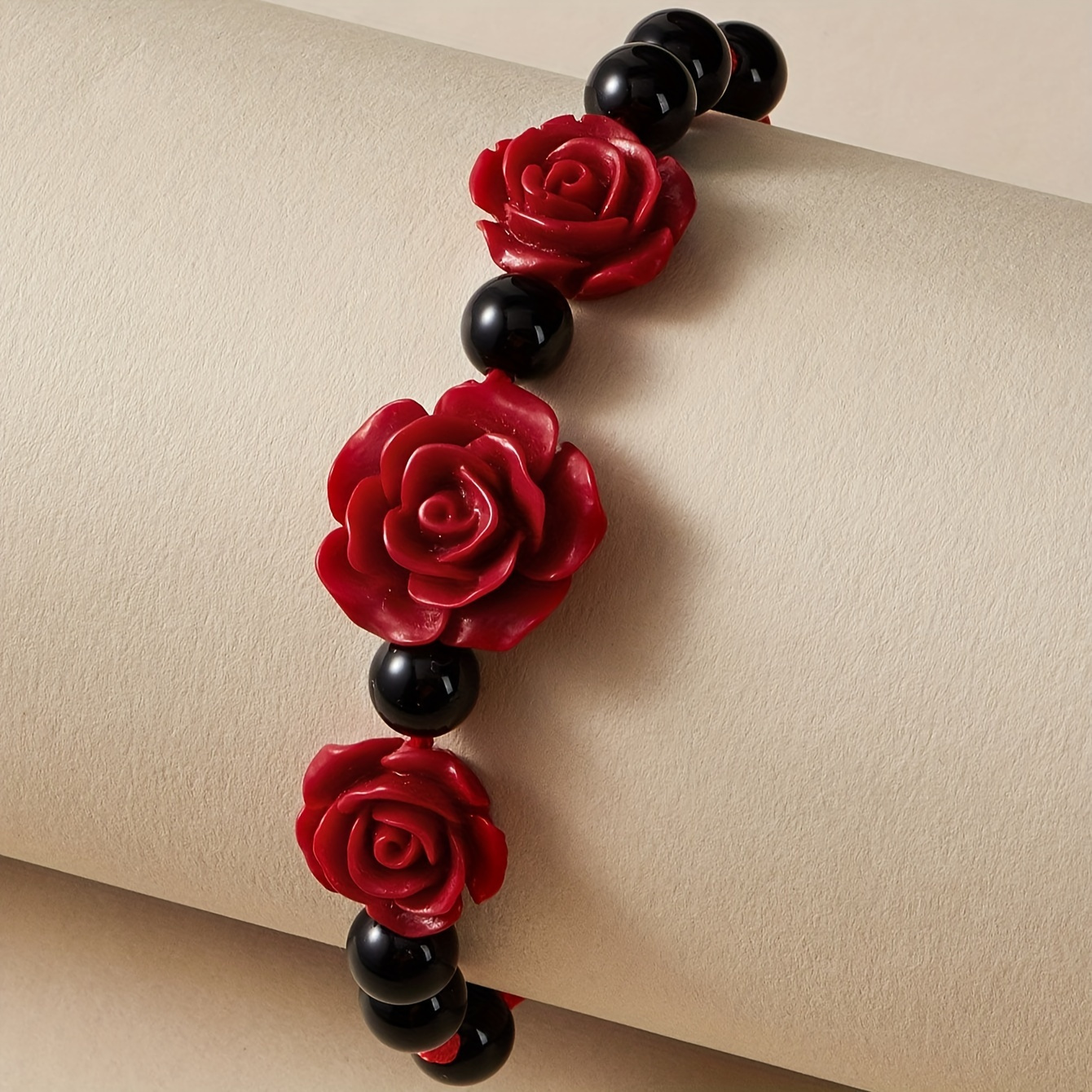 

Elegant Red Rose Charm And Black Bead Bracelet, Adjustable, Tribal Style Hand Jewelry For Daily And Vacation Wear, 1pc