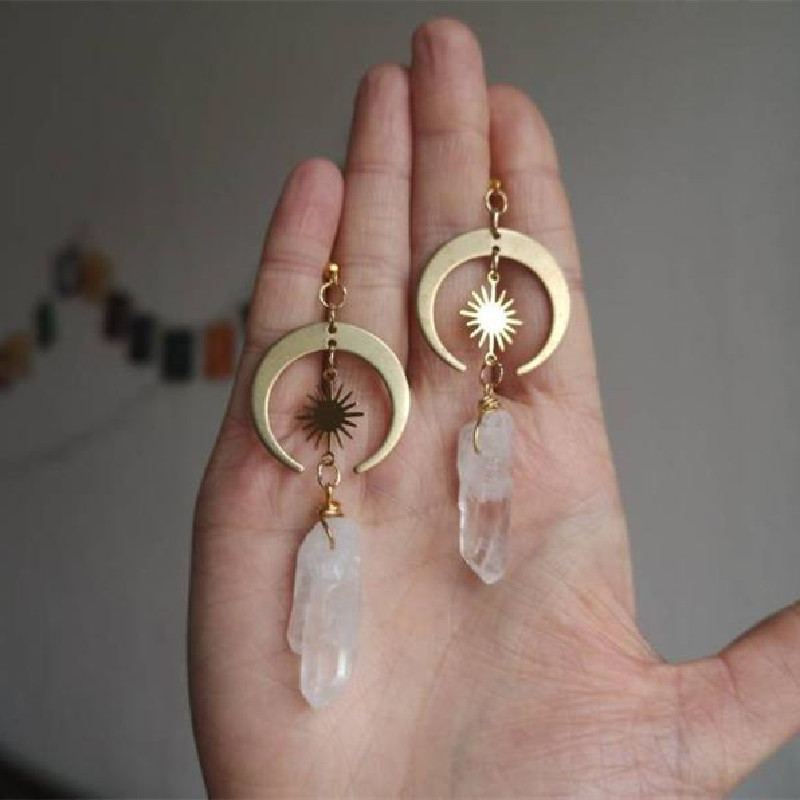 

1pair Elegant Artificial Crystal Agate Stone Moon Earrings, Star Geometric Women's Exaggerated Earrings, Gift Accessories