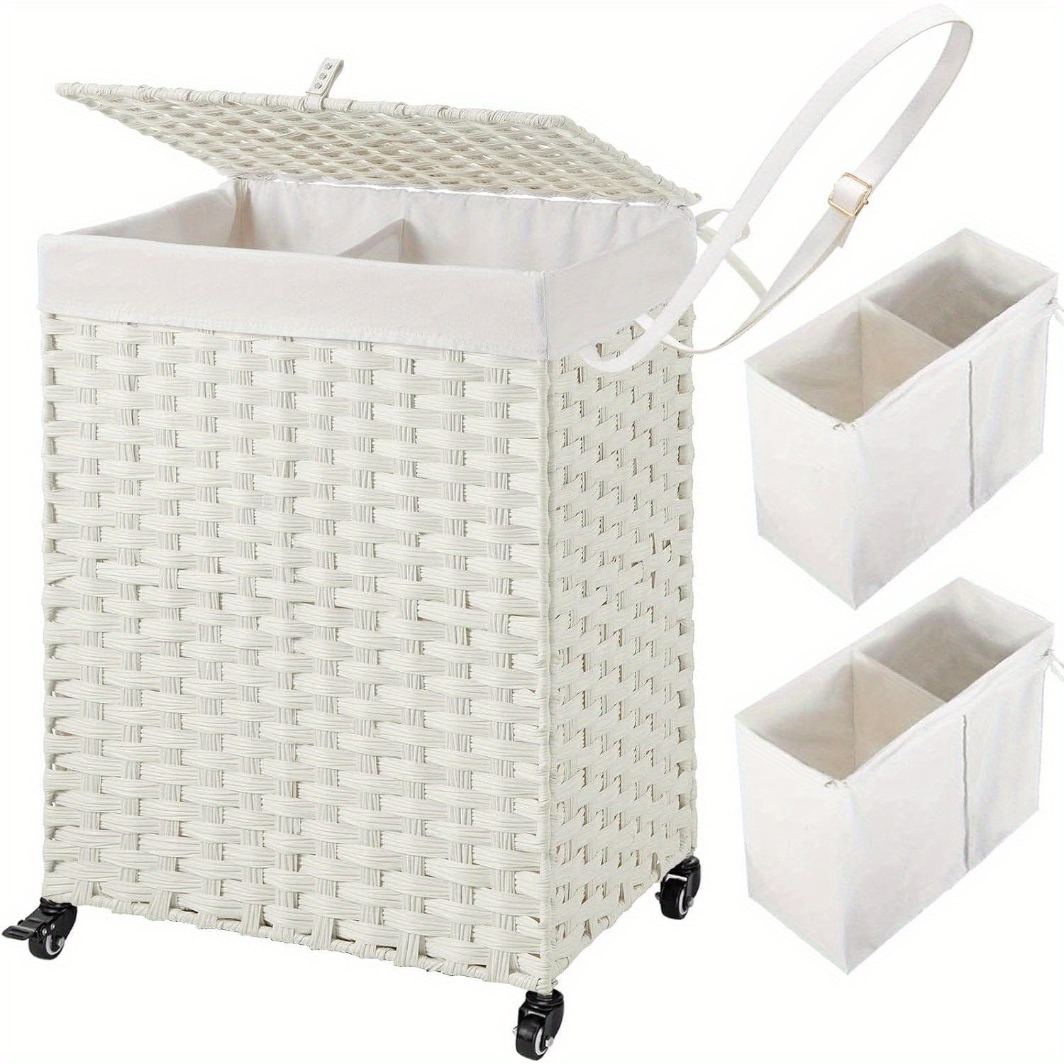 

Greenstell Laundry Hamper With Wheels, No Install Needed, 90l Divided Hampers & 2 Removable Liner Bags, Rattan Clothes Laundry Basket With Lid & Handles, Foldable Hampers White