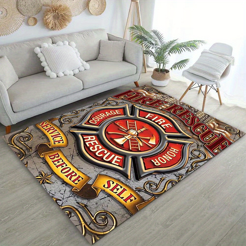 

Firefighter Tribute Polyester Area Rug - Heavy-duty Crystal Velvet, Non-slip Carpet Mat For Living Room, Bedroom, Hallway - Service Before Self Decorative Floor Covering (1pc, Multiple Sizes)