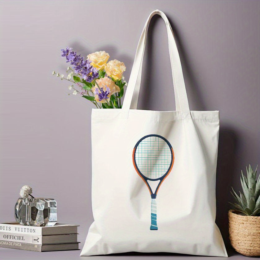 

1 Pc Tennis Racket Print Reusable Grocery Bag For Daily Life, Portable Tote Bag For Women's Shopping Commuting Etc