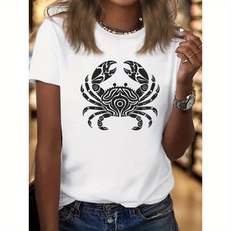 

Flower Crab Print Crew Neck T-shirt, Casual Short Sleeve T-shirt For Spring & Summer, Women's Clothing