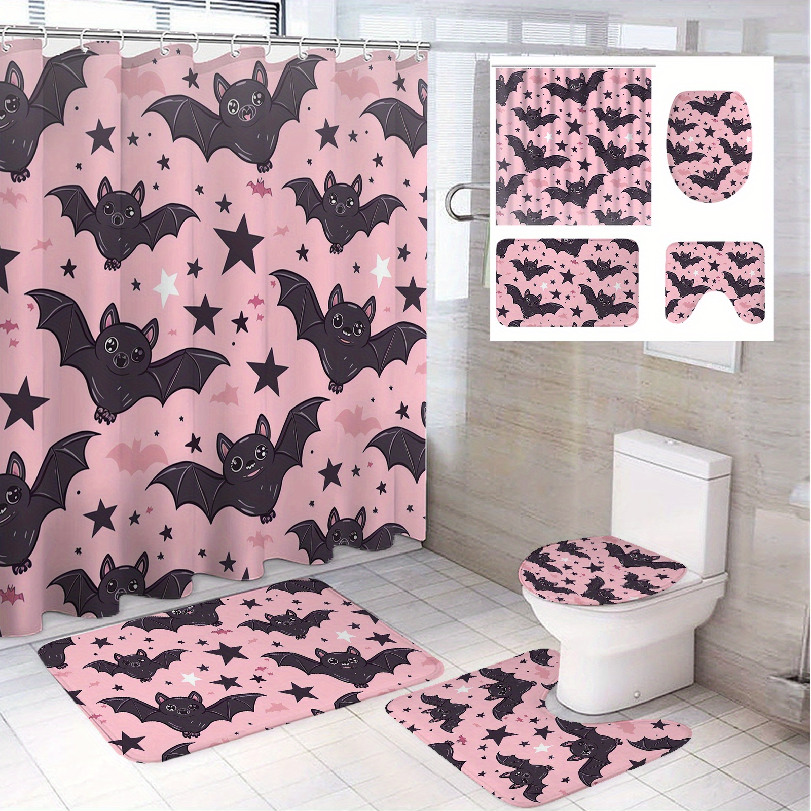 

Festive Cute Cartoon Bats Bathroom Set: 71"x71" Pink Shower Curtain With 12 Hooks, Non-slip Bath Mat, Toilet Seat Cover, And U-shaped Bath Rug - Perfect For Kids' Bathrooms