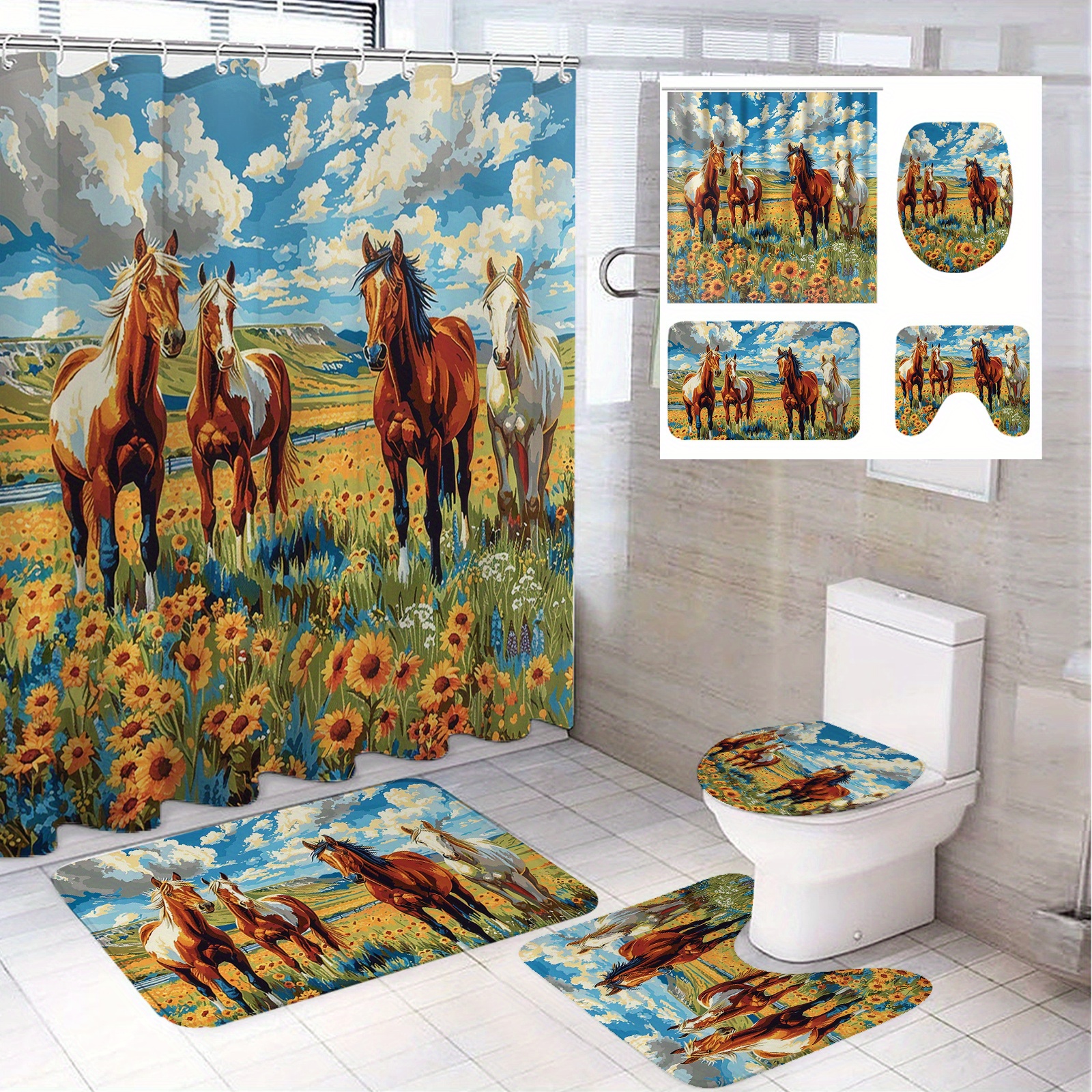 

Vibrant Horse And Sunflower Bathroom Set: Includes 71"x71" Shower Curtain, 45"x17.7" Toilet Seat Cover, 75"x29.5" Bath Mat, And 37"x14.6" U-shaped Bath Mat - Perfect For Modern Decoration