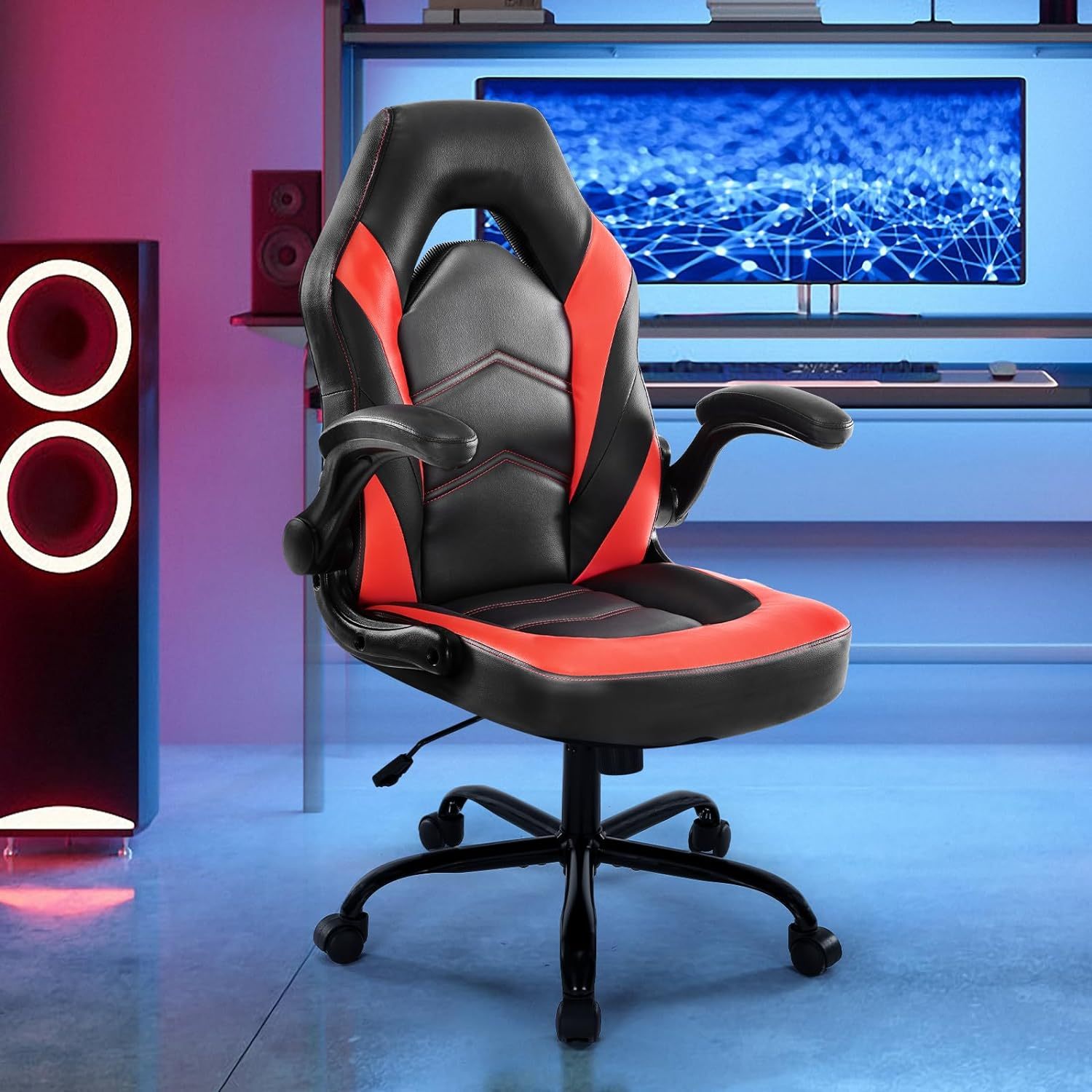 

Ergonomic Gaming Chair With Pu Leather Lumbar Support- Adjustable Home Office Desk Chair For Adults And Teens With Swivel Wheels- Big And Tall Video With Flip- Up Armrest