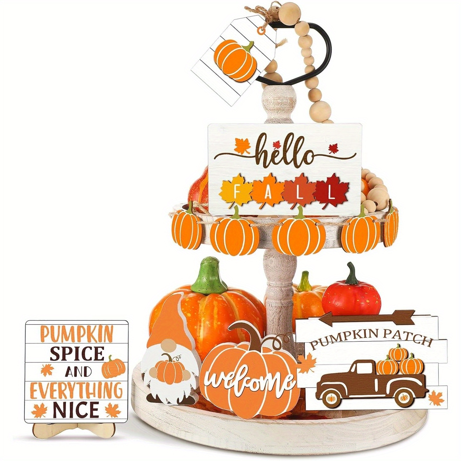 

Hello Fall" 11pcs Tiered Tray Decor Set - Rustic Farmhouse With Pumpkin, Maple Leaves & Gnome Wood Signs For Thanksgiving & Autumn Celebrations