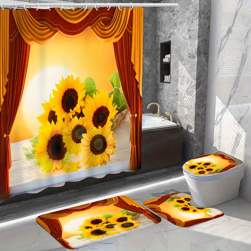 

Sunflower Shower Curtain Set With 12 Hooks: Waterproof Toilet Seat Cover, Bathroom Mat, And Non-slip Rug - Polyester Fabric, Washable, And Suitable For Windows And Bathrooms