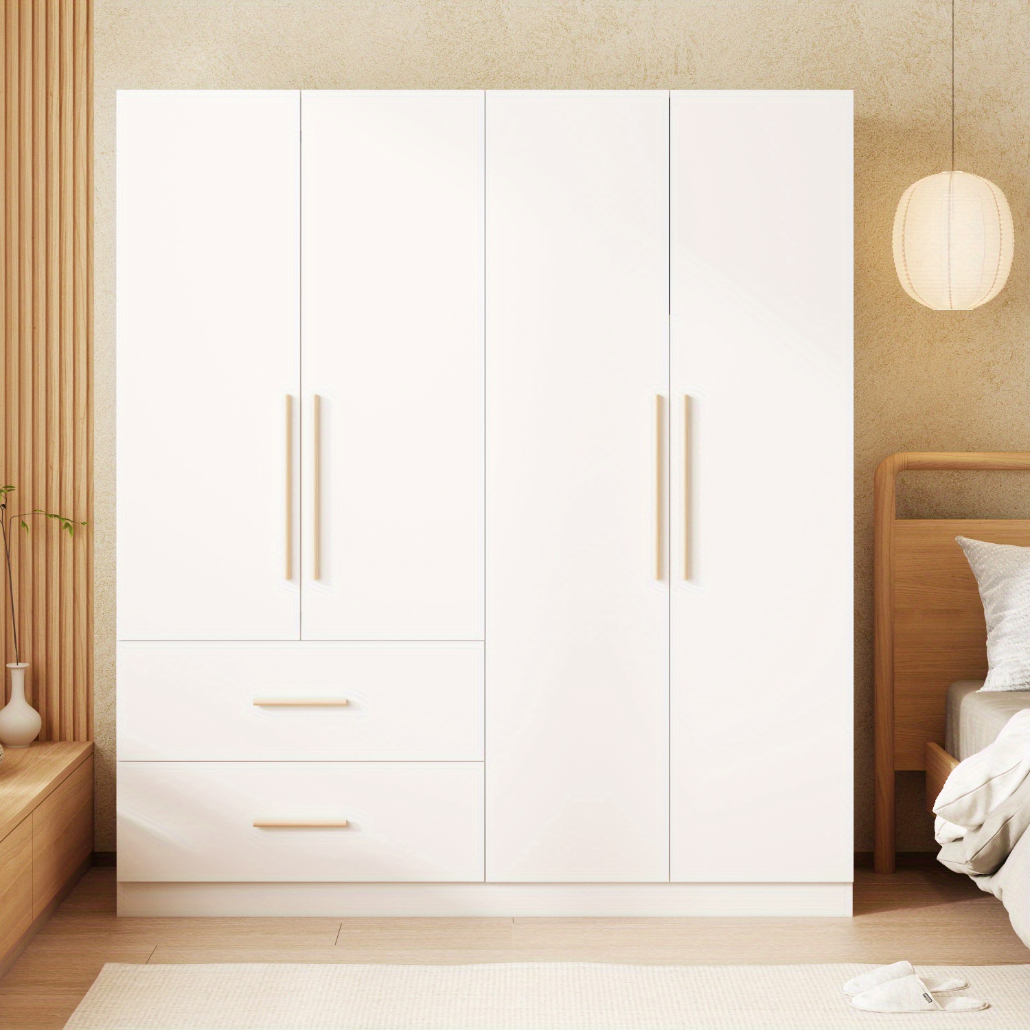 

Wardrobe Armoire Wooden Closet With 4 Doors, 2 Drawers, 6 Storage Cubes And 2 Hanging Rods For Bedroom, Large Storage Space, Simple And Stylish, White