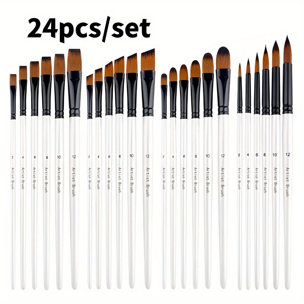 

24pcs Artist Paint Brush Set With Nylon - Includes Flat, Round, , Angle & Detail Brushes For Acrylic, Oil, Watercolor & Gouache - Sizes 0-24 For Artistic , Painting Art Supplies