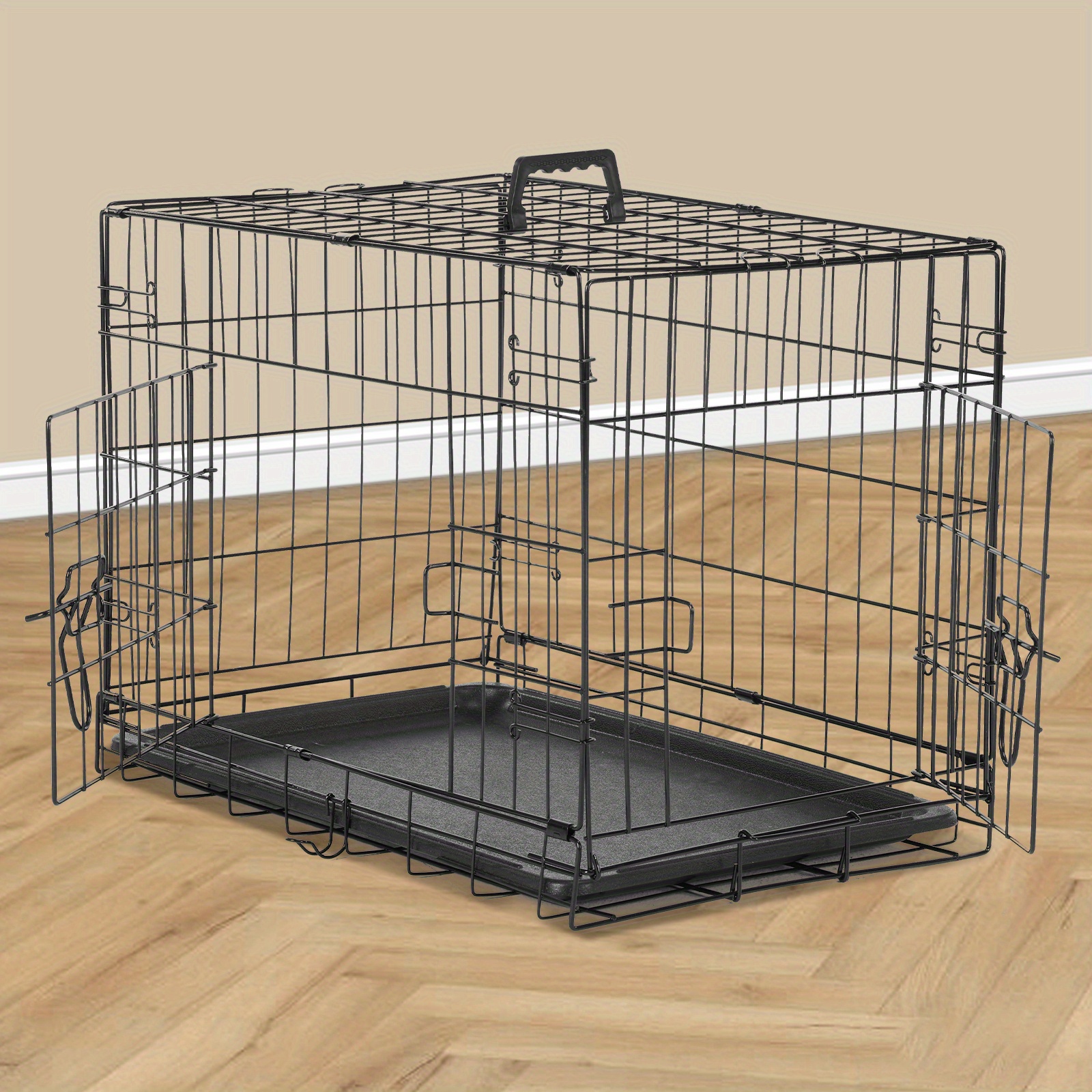 

Small Dog Crate With Divider Panel, 30 Inch Double Door Folding Metal Wire Dog Cage With Plastic Leak-proof Pan Tray, Pet Kennel For Indoor, Outdoor, Travel