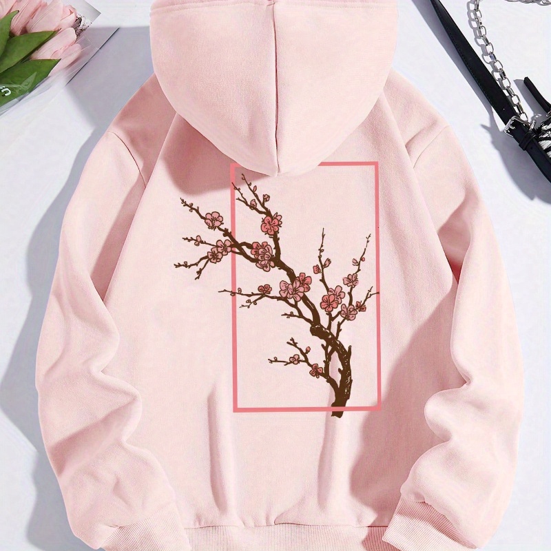 

Plum Print Drawstring Hoodie, Casual Long Sleeve Kangaroo Pocket Hoodie Sweatshirt, Women's Clothing