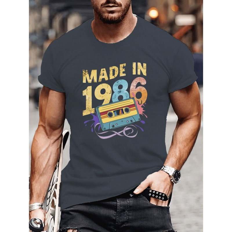 

Cassette Made In 1986 Print Tee Shirt, Tees For Men, Casual Short Sleeve T-shirt For Summer