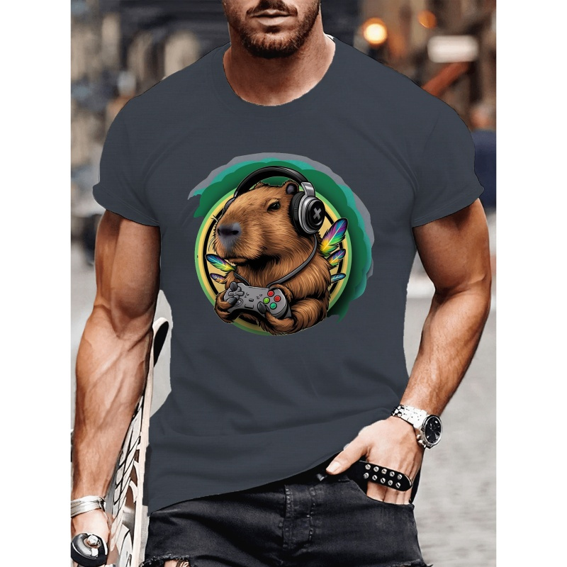 

Anthropomorphic Capybara Gaming Print Men's Fashion Comfy Breathable T-shirt, New Casual Round Neck Short Sleeve Tee For Spring Summer Holiday Leisure Vacation Men's Clothing As Gift