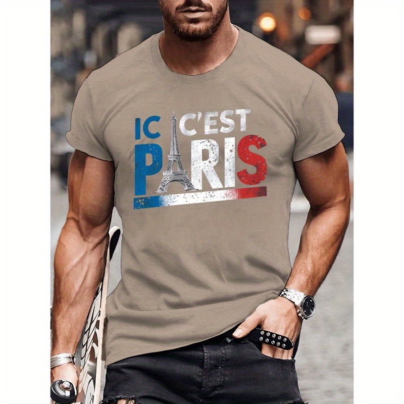 

T-Shirt Décontracté pour Hommes "Ic C Est Paris" - Polyester, Col Rond, Manches Courtes, Tee-shirt d'Été avec Motif de Eiffel