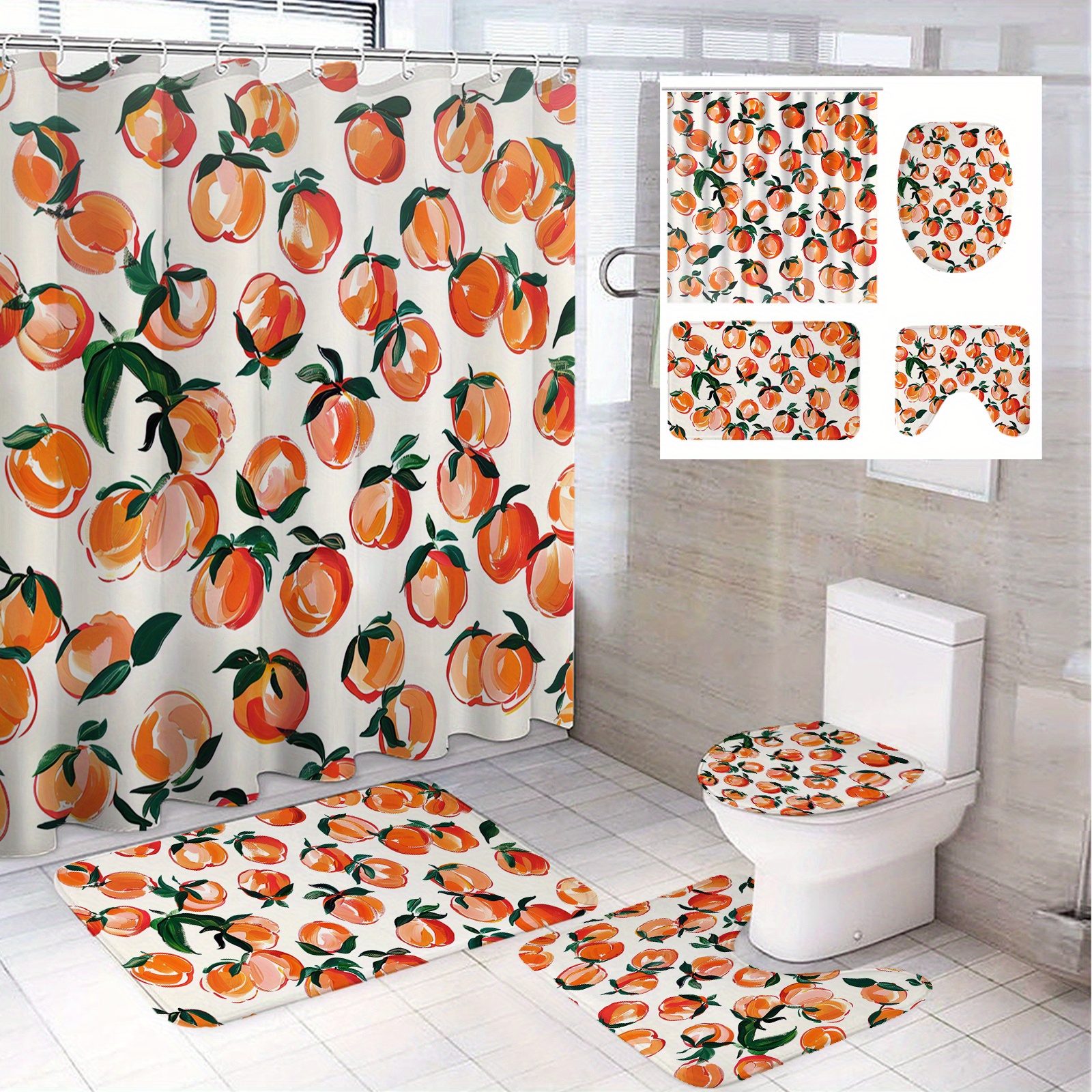 

Summer Peach Pattern Modern Bathroom Decor Set: Includes 1/4pcs 71*71in Shower Curtain, 12 Hooks, Non-slip Bath Mat, Toilet Seat Cover, And U-shaped Bath Mat - Perfect For Kids' Bathrooms
