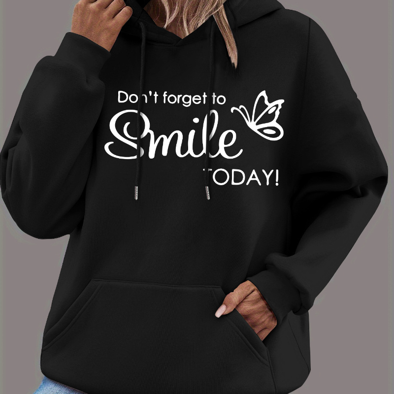 

Smile Print Kangaroo Pocket Hoodie, Casual Long Sleeve Drawstring Hoodies Sweatshirt, Women's Clothing