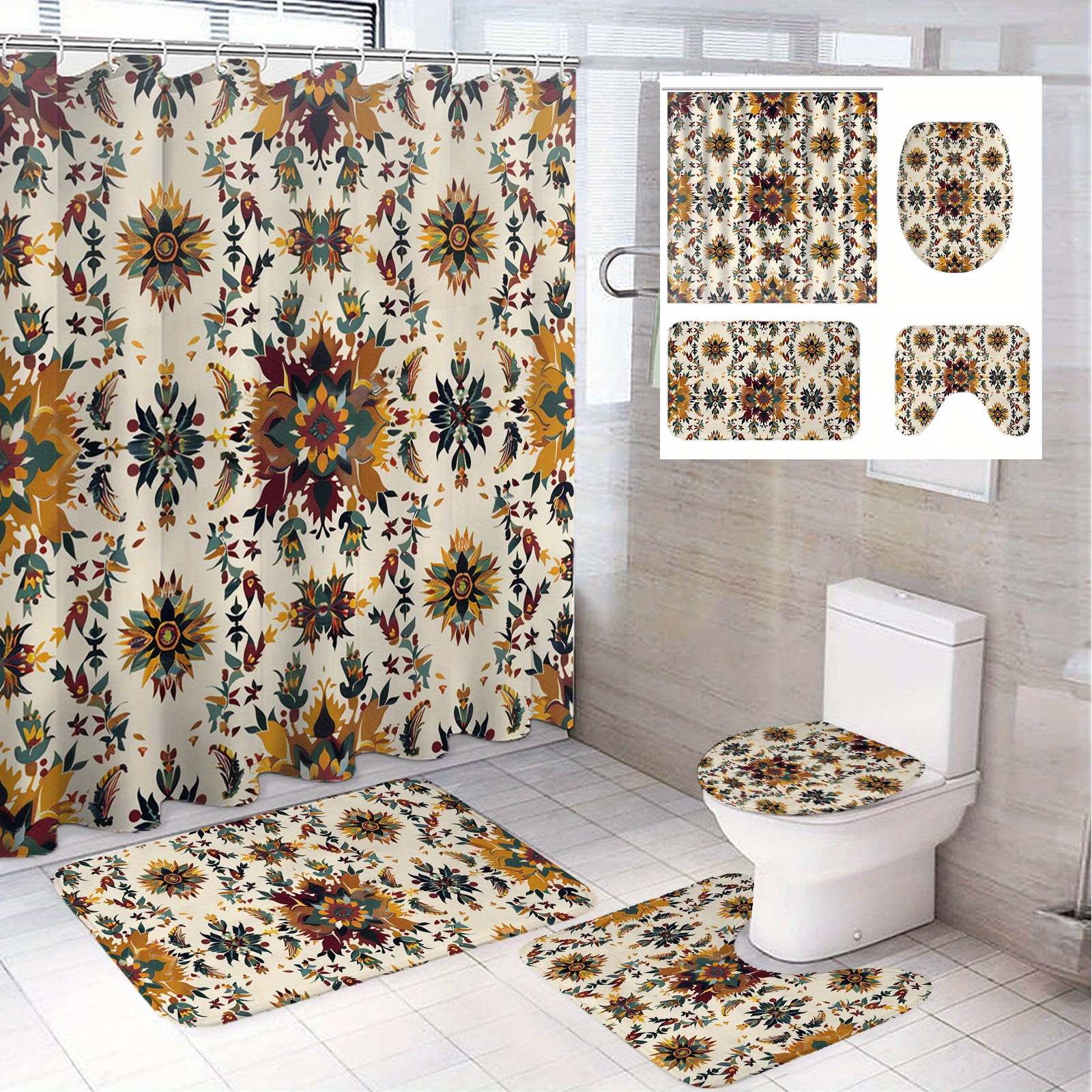 

1/4pcs Bohemian Style Floral Pattern Modern Bathroom Decor, Polyester Bathroom Set With 12 Hooks, Bathroom Non-slip Floor Mat, Toilet Seat Cover And U-shaped Mat Home Decor 71*71in Christmas Decor