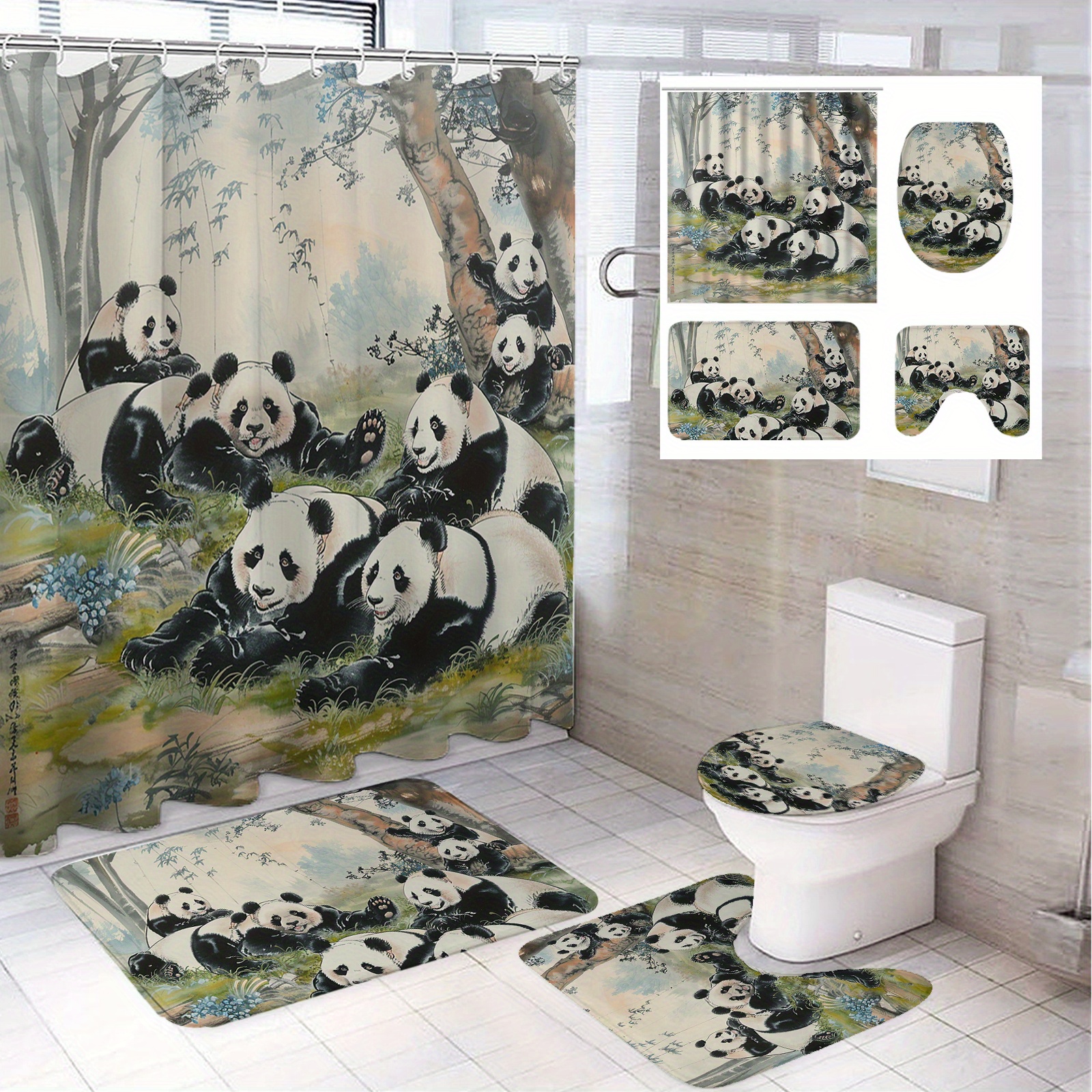 

Charming Panda Pattern Modern Bathroom Set: Includes 1/4 Pcs, 71"x71" Shower Curtain, 12 Hooks, Non-slip Bath Mat, Toilet Seat Cover, And U-shaped Bath Mat - Perfect For Kids' Bathrooms