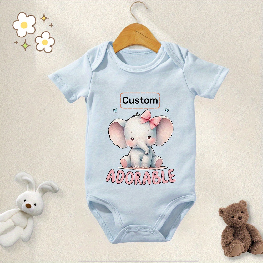 

Customized 100% Cotton Baby Onesies "adorable" Text Customization & Elephant Pattern Comfortable Casual Round Neck Bodysuit