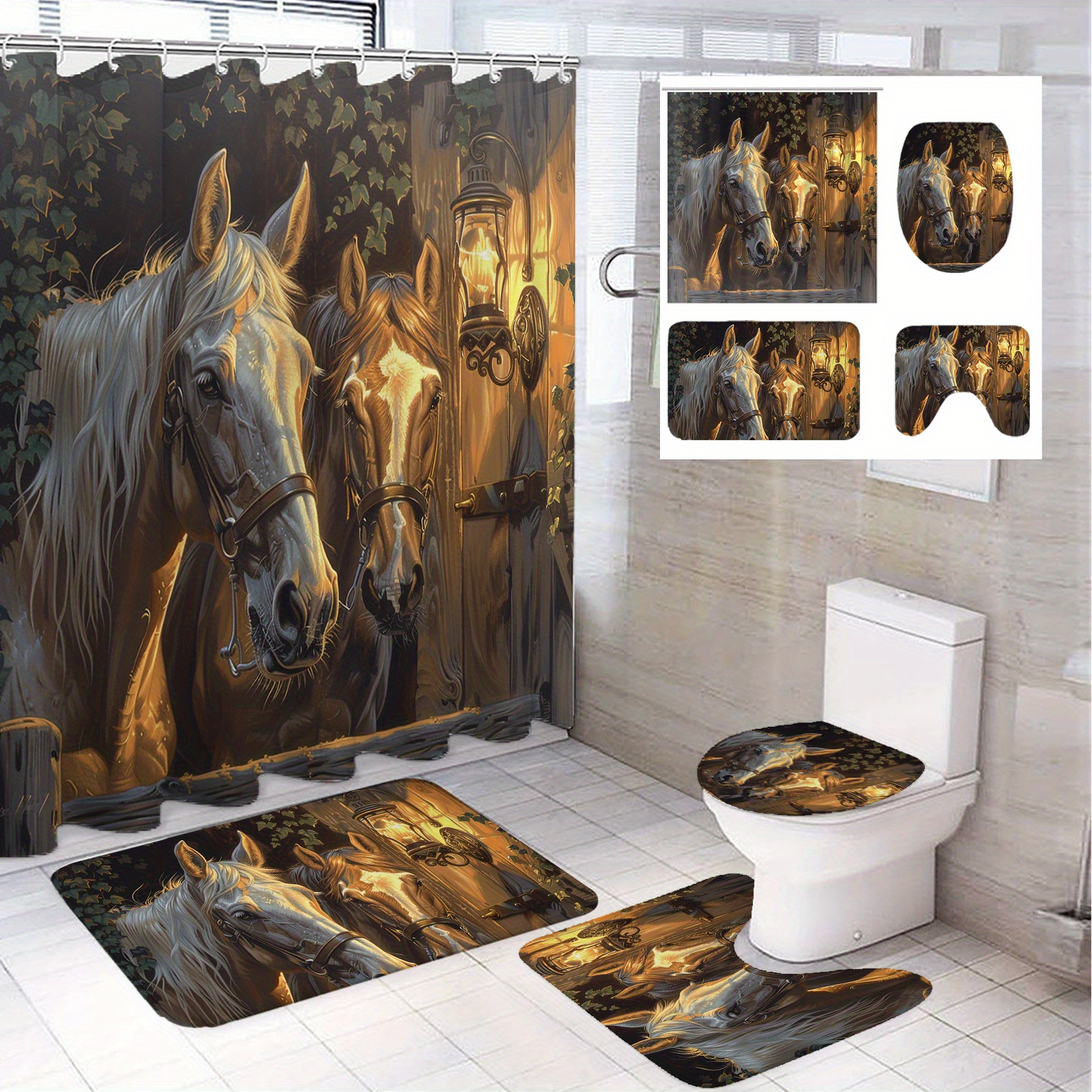 

1/4pcs 2 Horses Pattern Modern Bathroom Decoration, Polyester Bathroom Set With 12 Hooks, Bathroom Non-slip Mat, Toilet Seat Cover And U-shaped Mat Home Decoration 71*71in