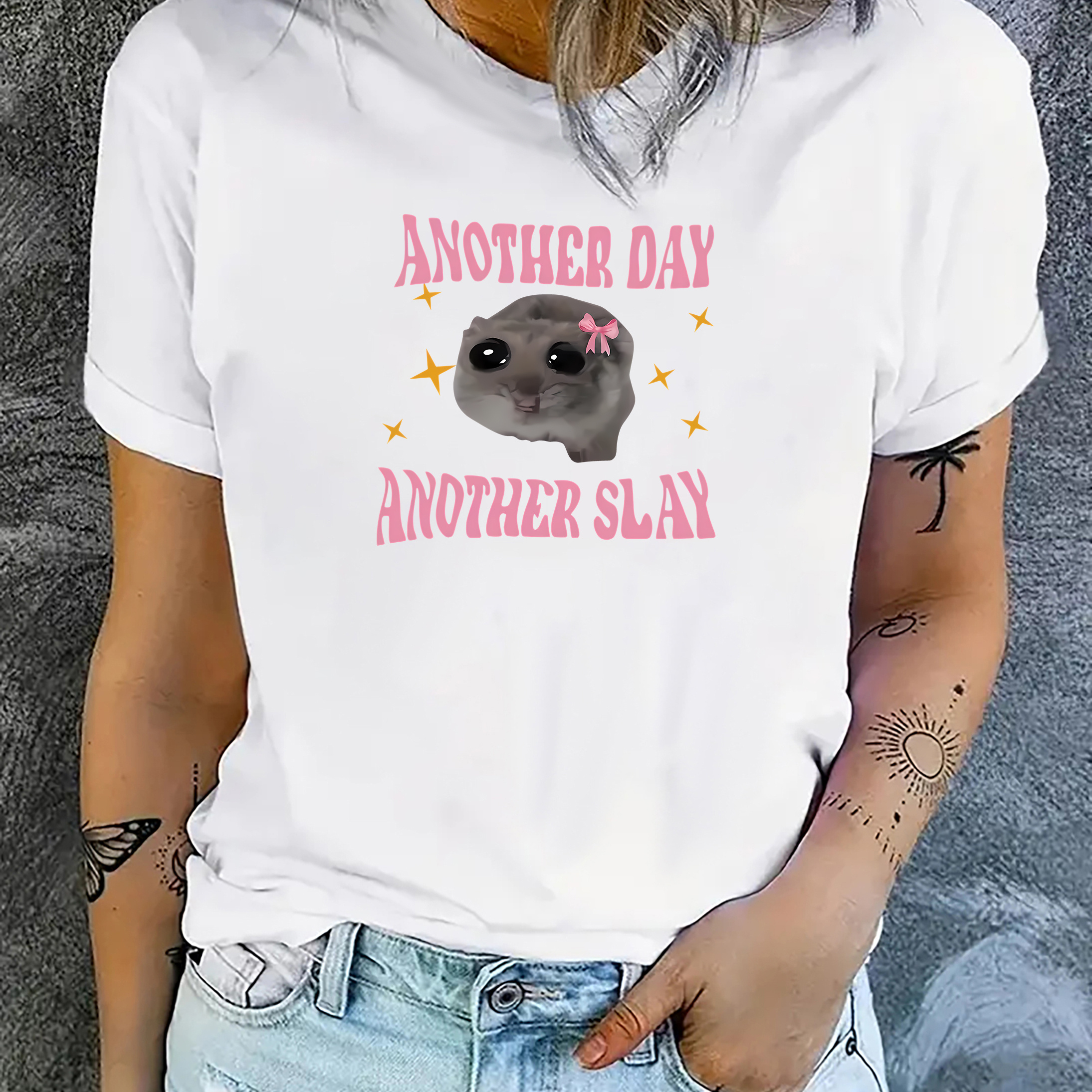 

Women's Cute Animal Graphic Tee, Casual Round Neck Short Sleeve T-shirt, " Another Slay" Motivational Top, Sportswear Style, Fit