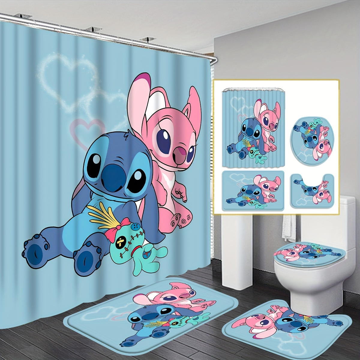 

4pcs Disney Stitch Cartoon Shower Curtain Set, With 12 Hooks, Non-slip Bath Mat, U-shaped Toilet Mat, Toilet Lid Cover, Waterproof Polyester Bathroom Decor Accessories, Machine Washable