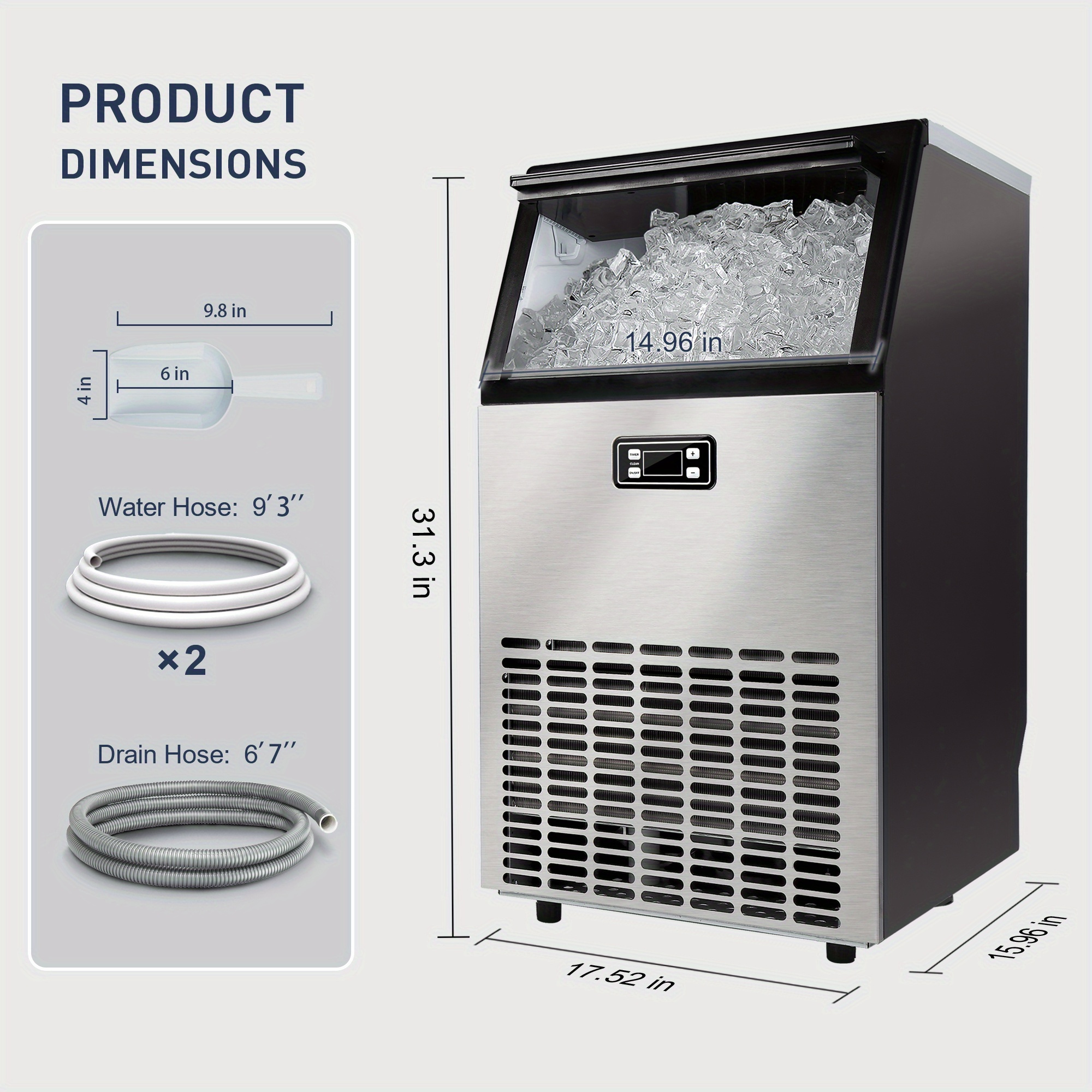 

Commercial , 100lbs/24h Stainless Steel Under Counter Ice Machine With 33lbs Ice Storage Capacity, Freestanding Ice Maker.
